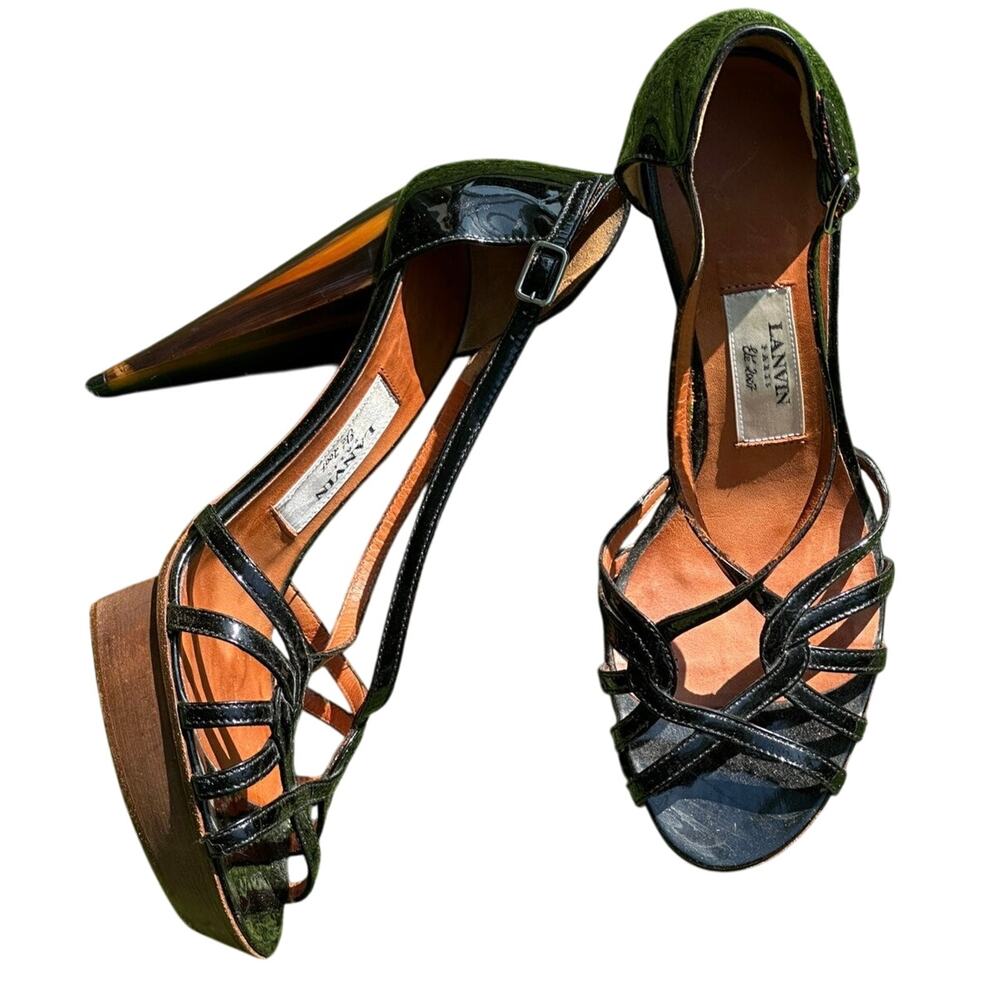 Lanvin Black Strappy Patent Leather High Heel Sandals